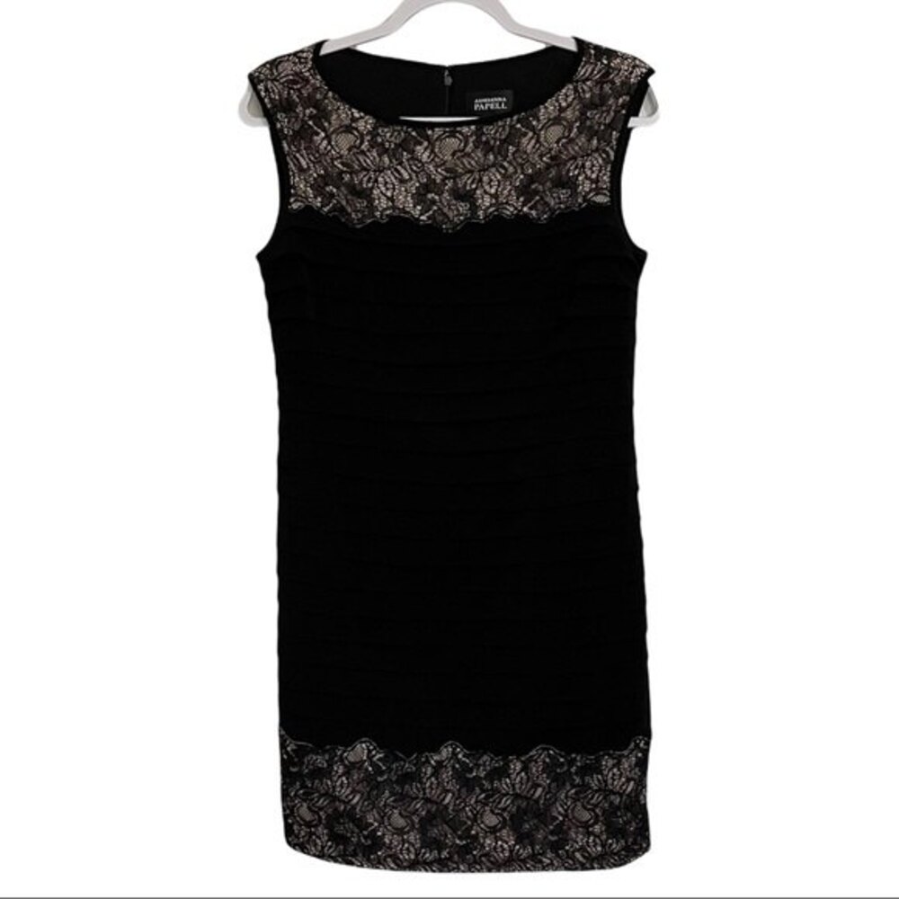 Adrianna Papell Black Cocktail Party Dress Sleeveless Tiered Floral Lace Size 4